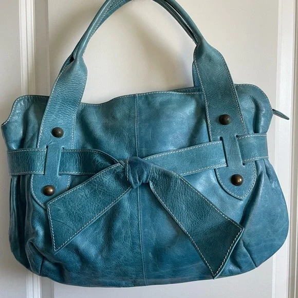 Teal Leather Bow-Front Shoulder Bag - Picture 1 of 10